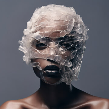 Conceptual portrait with plastic bubble wrap on face Generative AI image