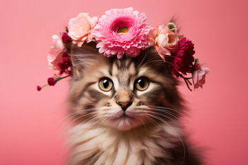 portrait of tabby cat with flowers crown on head on a pink background