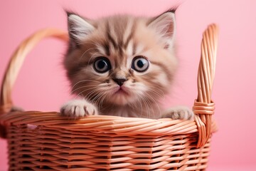 closeup cute little tabby kitten looks out of a wicker basket on a pink background