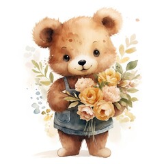 watercolor illustration of a cute bear cub holding a bouquet of flowers on a white background