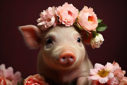 portrait of domestic mini pig with pink flowers wreath on head