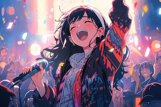 happy anime girl singing on stage into a microphone in a crowd of people