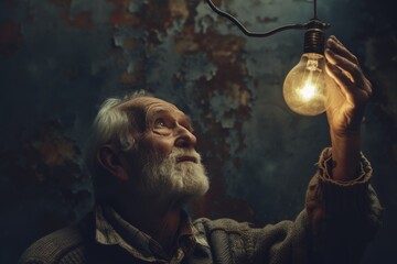 Elderly Man Holding an Antique Light Bulb in a Rustic Setting