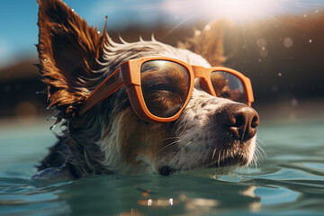cute happy funny pretty beautiful dogs puppy doggy pet best friend swimming in pool or sea, wear sunglasses, water laps wet joyful humor enjoyment playing smiling sunlight beach.