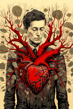 Generative AI illustration of surreal artwork of a man with a detailed anatomical heart and branching arteries blending into tree-like structures on a vintage background