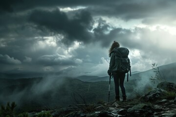Female hiker on a mountain observes an approaching storm.