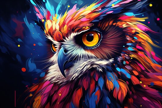 vibrant and colorful illustration portrait of owl digital oil style