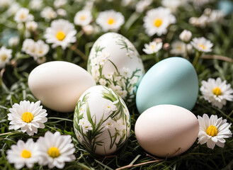 Naklejka na ściany i meble Easter eggs painted with floral patterns on grass with white daisies. Generative ai