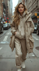 Fototapeta premium Elegant woman in a coordinated beige ensemble posing on a city street, exuding grace