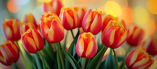 Fototapeta premium Stunning Bouquet of Red and Yellow Tulips in Close-Up: A Breathtaking Bouquet of Vibrant Red and Yellow Tulips Captured in Exquisite Close-Up Detail