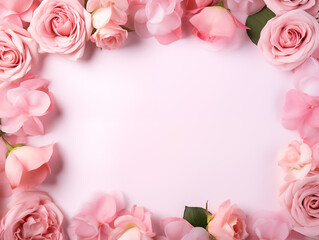 Copy space background with pink roses and peonies flowers. Top view
