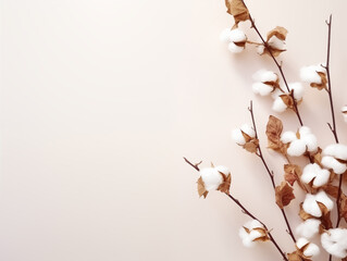 Cotton leaves on the beige background, copy space, top view
