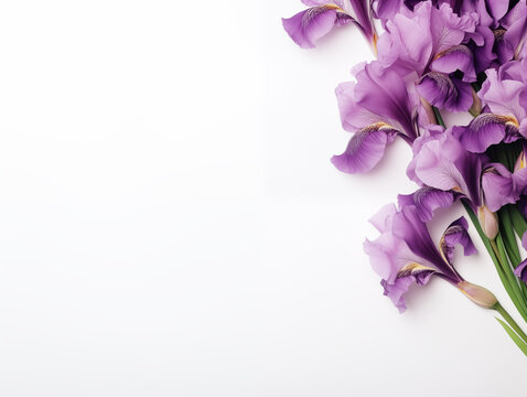 Purple iris flowers on the white background, copy space, top view
