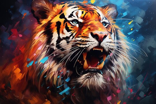 vibrant and colorful illustration portrait of tiger growls digital oil painting style