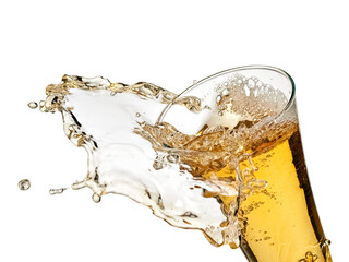 Beer spill from a glass, close up on white background - 733468314