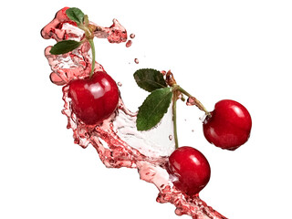 Juice splash over three fresh ripe cherries on white background - 733468356