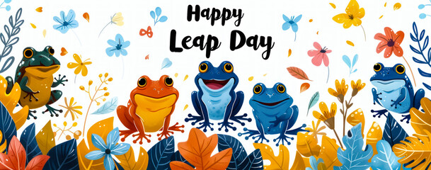 Festive and natural 'Happy Leap Day' concept with detailed toy frogs among lush ivy leaves on a bright white background