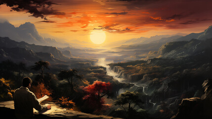 Au sommet d'une colline au lever du soleil, un peintre capture la lumi&egrave;re naissante, son pinceau dansant sur la toile, immortalisant l'instant.