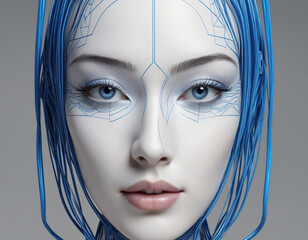 Abstract female head with blue lines, 3d render