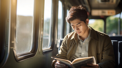 電車に乗るアジア人学生 - obrazy, fototapety, plakaty