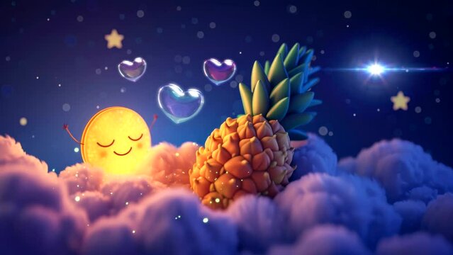 Lullaby For Babies video template looping cute pineapple fruit sleep on cloud, relax and nice dream video looping  4k quality	