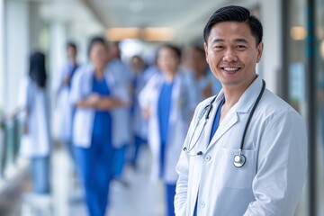 Portrait of smiling Asian male doctor in a hospital. Healthcare, medical staff 