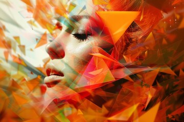 Vibrant triangles adorn a woman's face, evoking a sense of artistic expression and warmth in this captivating painting