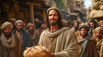 Fototapeta premium Jesus Christ gives bread to poor people, kindness and selflessness, central figure in Christianity, faith hands food eat pray God catholicism biblical love man spiritual good.