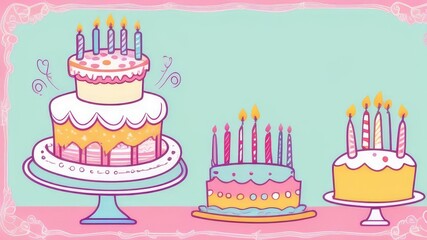 Birthday concept. Festive multi-colored cakes with candles and balloons on the background of a frame. Copy space.