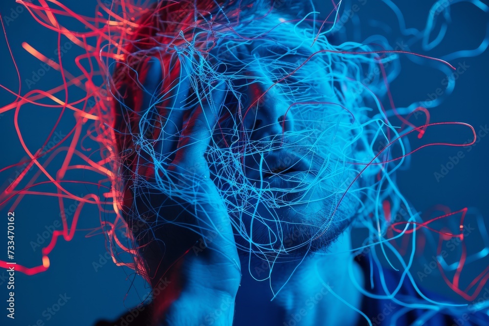 Fototapete a man's inner turmoil and struggles are manifested through the entanglement of wires protruding from