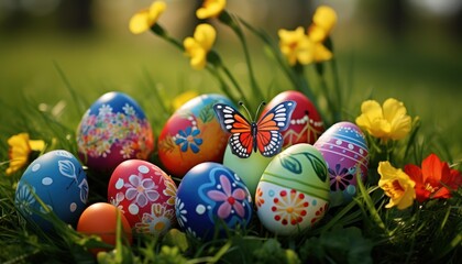 Various Easter eggs with spring pattern theme and spring flowers in Green Grass background