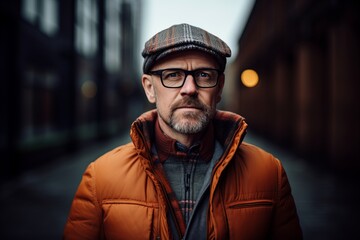 Portrait of a senior man with glasses and cap in the city