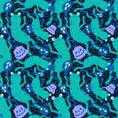 Halloween animals seamless frogs and pumpkins and ghost and skulls pattern for wrapping paper and fabrics