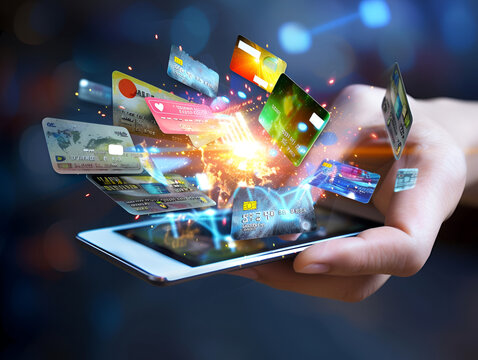 Explosion of digital payment options from a tablet, symbolizing the ease of online transactions