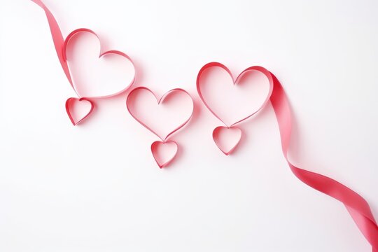 Ribbons shaped as hearts on white background, copy space. Valentine's day, Mother's day, Women's Day, Wedding, love concept.