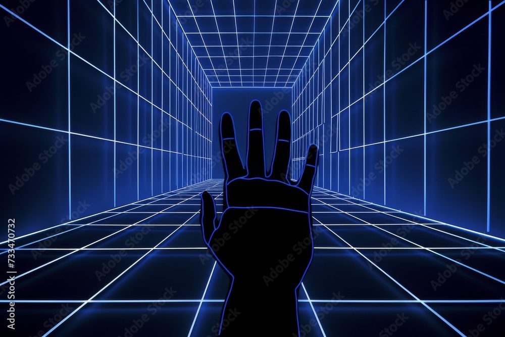 Poster the screenshot captures a delicate hand, illuminated by a grid of soft blue light, creating a stunni