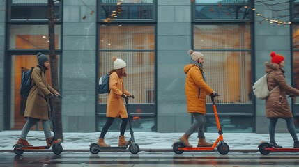Urban eco-riders: diverse individuals using electric scooters for their daily errands, reducing carbon footprint,