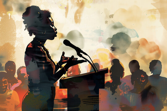 a black woman standing at a podium speaking to a crowd of listeners and inspiring them