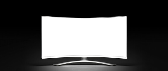 isolated flat or curved television tv set screen background in the style of commercial of video streaming service or electronics advertisement, wide banner mockup of empty black screen