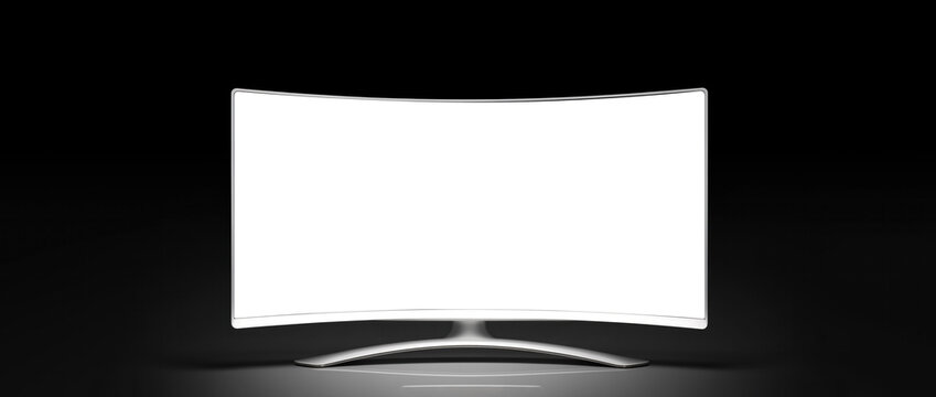 isolated flat or curved television tv set screen background in the style of commercial of video streaming service or electronics advertisement, wide banner mockup of empty black screen