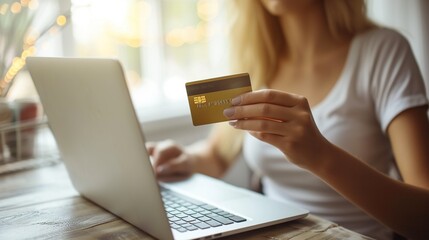 A woman makes purchases online on laptop, paying with a bank plastic card holds in her hand. Shopping online, season of sales and discounts. Online store advertising - obrazy, fototapety, plakaty