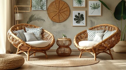Ethnic Design Interior living room with armchairs and quality coffee table in natural style....