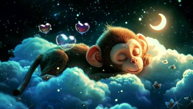 Lullaby For Babies video template looping cute baby monkey sleep on cloud, relax and nice dream on night video looping 4k quality