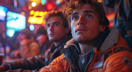 A diverse group of men, each with a unique human face and dressed in varying styles of clothing, sit among the bustling street crowd, their presence adding to the lively outdoor atmosphere - obrazy, fototapety, plakaty