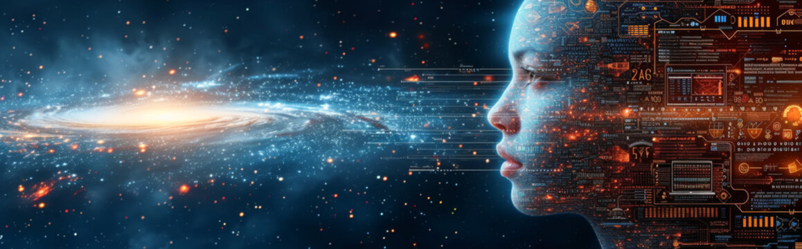 Cyborg head against space background with planets and stars. Cyber security and data protection concept.