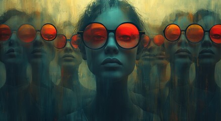 A vibrant painting of a woman adorned with orange glasses, her artistic expression shining through her unique eyewear - Powered by Adobe