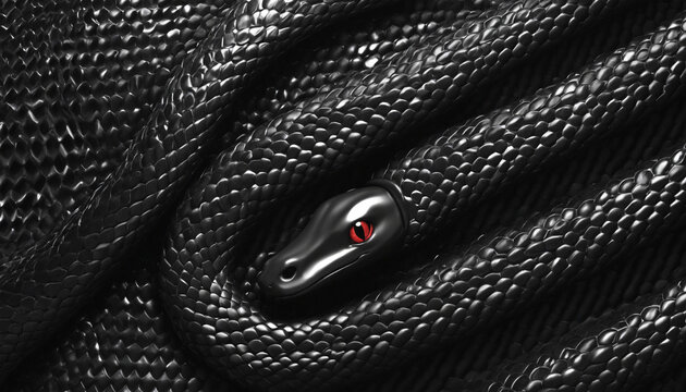 3d render, abstract background with black snake with metallic scales texture