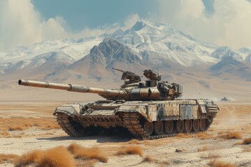 Amidst the vast desert landscape, a powerful military tank stands tall with its weapon raised to the sky, ready for combat and camouflaged against the rugged mountains and clouds above