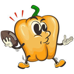 vector isolated clip art illustration of cute yellow bell peppers mascot playing american football with an oval ball, work of handmade
