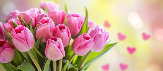 Fototapeta premium A beautiful arrangement of pink tulips in a vase, set against a backdrop of heart designs. The vibrant magenta petals stand out against the green grass, creating a lovely natural landscape.